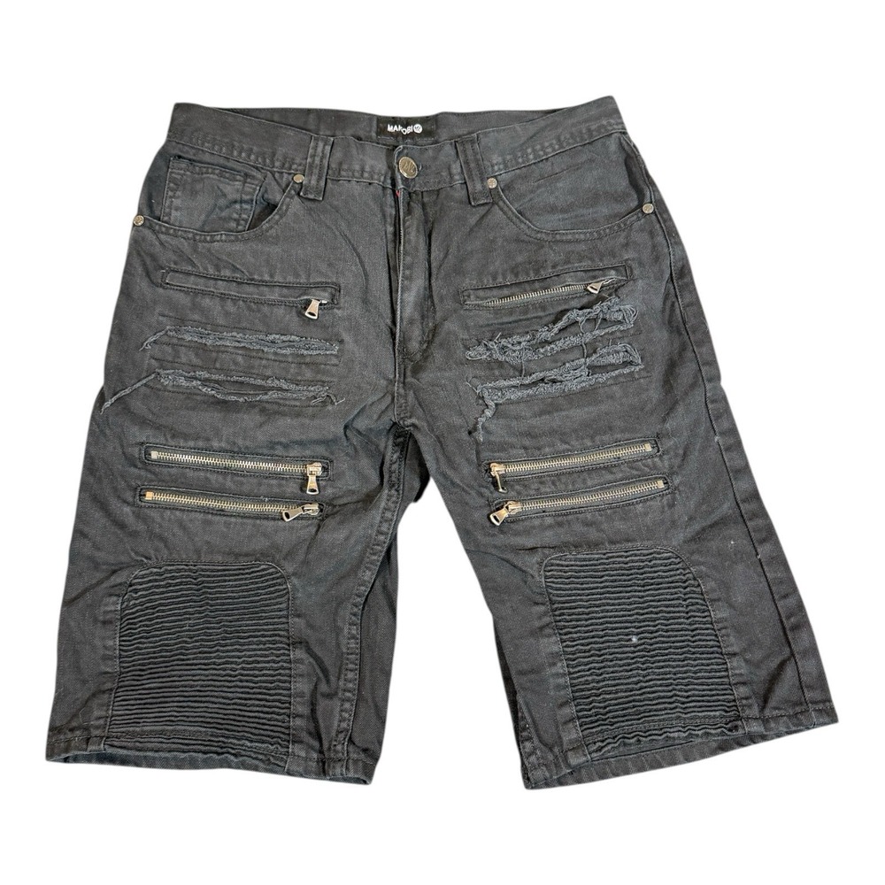 Makobi Men Black Denim Dark Wash Distessed Short Size 32 Zipper‎ Skater Y2K Punk
